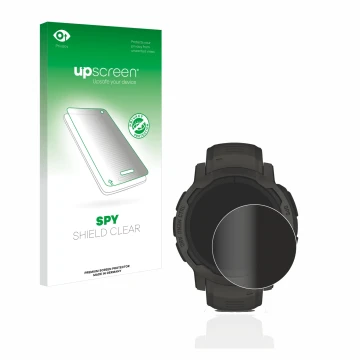 Face avant d’un emballage produit avec le logo de la marque upscreen. À côté, l’appareil Garmin Instinct 2 Solar est représent