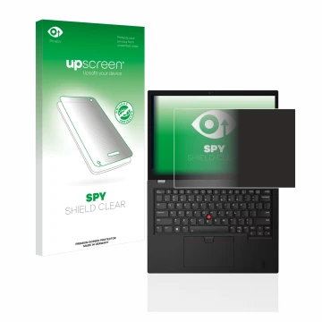 Face avant d’un emballage produit avec le logo de la marque upscreen. À côté, l’appareil Lenovo Thinkpad L13 Gen 3 est représe