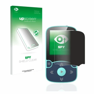 Face avant d’un emballage produit avec le logo de la marque upscreen. À côté, l’appareil AGPtek A65X MP3 Player with clip est 