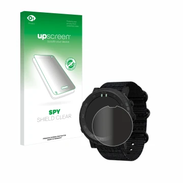Face avant d’un emballage produit avec le logo de la marque upscreen. À côté, l’appareil Suunto Core Alpha est représenté avec