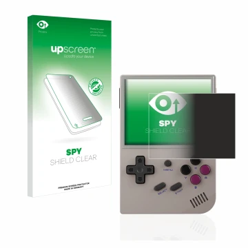 Face avant d’un emballage produit avec le logo de la marque upscreen. À côté, l’appareil Anbernic RG35XX est représenté avec l