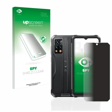 Face avant d’un emballage produit avec le logo de la marque upscreen. À côté, l’appareil Blackview BV9200 (Avant+Caméra) est r