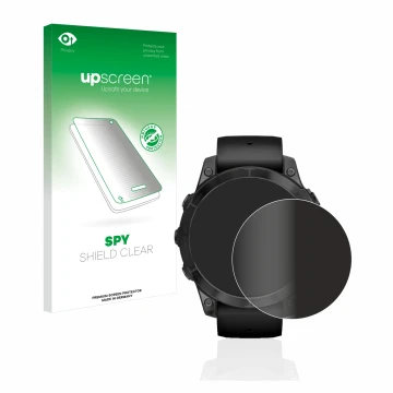 Face avant d’un emballage produit avec le logo de la marque upscreen. À côté, l’appareil Garmin Epix Pro (Gen 2) (47 mm) est r