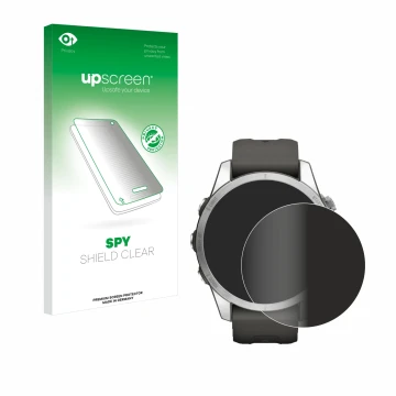 Face avant d’un emballage produit avec le logo de la marque upscreen. À côté, l’appareil Garmin Fenix 7S Pro Solar (42 mm) est