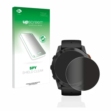 Face avant d’un emballage produit avec le logo de la marque upscreen. À côté, l’appareil Garmin Fenix 7X Pro Solar (51 mm) est