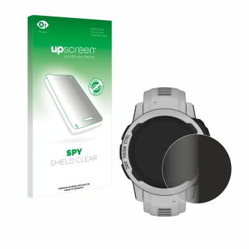 Face avant d’un emballage produit avec le logo de la marque upscreen. À côté, l’appareil Garmin Instinct 2S Solar (40 mm) est 