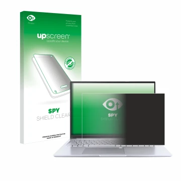 Face avant d’un emballage produit avec le logo de la marque upscreen. À côté, l’appareil ASUS Vivobook 16 M1605 est représenté