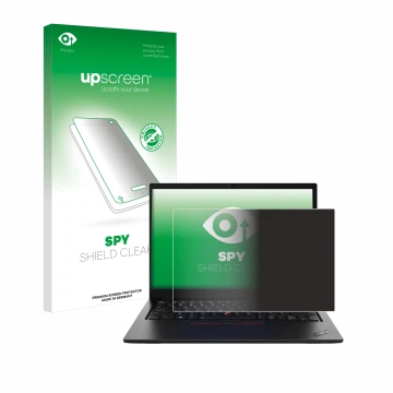 Face avant d’un emballage produit avec le logo de la marque upscreen. À côté, l’appareil Lenovo ThinkPad L13 Gen 4 Touch est r