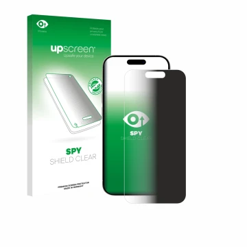 Face avant d’un emballage produit avec le logo de la marque upscreen. À côté, l’appareil Apple iPhone 15 est représenté avec l