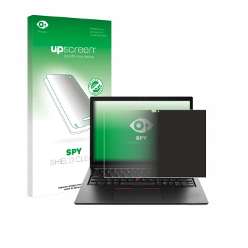 Face avant d’un emballage produit avec le logo de la marque upscreen. À côté, l’appareil Lenovo ThinkPad L13 Yoga Gen 4 est re