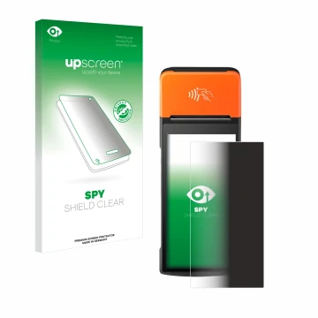 Face avant d’un emballage produit avec le logo de la marque upscreen. À côté, l’appareil Sunmi V2 Pro est représenté avec la p