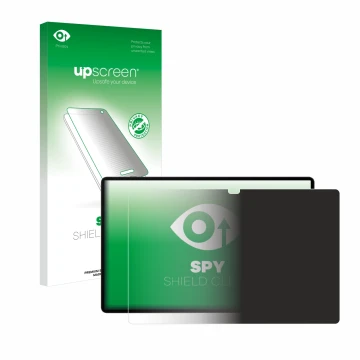 Face avant d’un emballage produit avec le logo de la marque upscreen. À côté, l’appareil Samsung Galaxy Tab S9 Ultra 5G est re