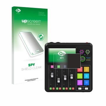 Face avant d’un emballage produit avec le logo de la marque upscreen. À côté, l’appareil Rode Rodecaster Duo est représenté av