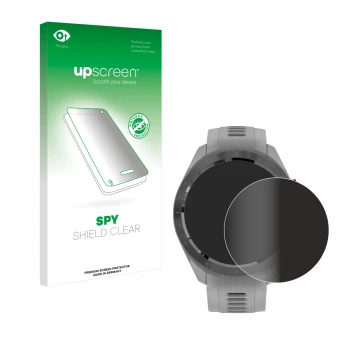 Face avant d’un emballage produit avec le logo de la marque upscreen. À côté, l’appareil Garmin Approach S70 (42 mm) est repré