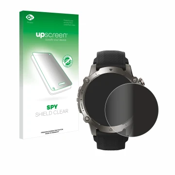 Face avant d’un emballage produit avec le logo de la marque upscreen. À côté, l’appareil Huami Amazfit Falcon est représenté a