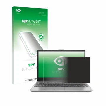 Face avant d’un emballage produit avec le logo de la marque upscreen. À côté, l’appareil HP 250 G9 est représenté avec la prot