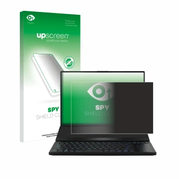 Face avant d’un emballage produit avec le logo de la marque upscreen. À côté, l’appareil ASUS ROG Zephyrus Duo 16 2023 est rep