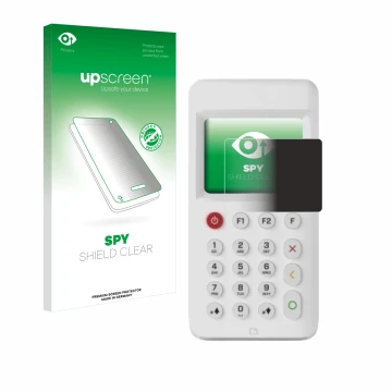 Face avant d’un emballage produit avec le logo de la marque upscreen. À côté, l’appareil myPOS Go 2 est représenté avec la pro