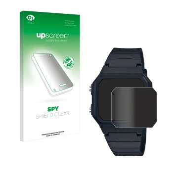 Face avant d’un emballage produit avec le logo de la marque upscreen. À côté, l’appareil Casio W-217H-1AVCF est représenté ave
