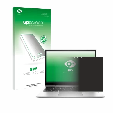 Face avant d’un emballage produit avec le logo de la marque upscreen. À côté, l’appareil HP EliteBook x360 830 G10 est représe
