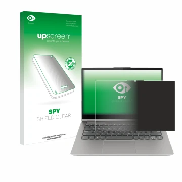 Face avant d’un emballage produit avec le logo de la marque upscreen. À côté, l’appareil Lenovo ThinkBook 14s Yoga G3 est repr
