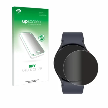 Face avant d’un emballage produit avec le logo de la marque upscreen. À côté, l’appareil Samsung Galaxy Watch 6 (40 mm) est re