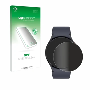 Face avant d’un emballage produit avec le logo de la marque upscreen. À côté, l’appareil Samsung Galaxy Watch 6 (44 mm) est re
