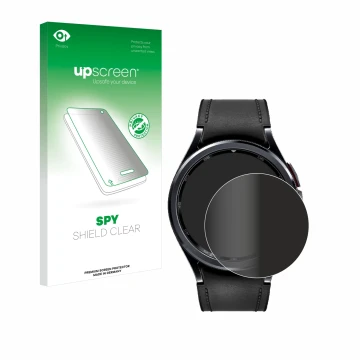 Face avant d’un emballage produit avec le logo de la marque upscreen. À côté, l’appareil Samsung Galaxy Watch 6 Classic (43 mm