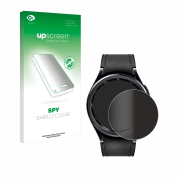 Face avant d’un emballage produit avec le logo de la marque upscreen. À côté, l’appareil Samsung Galaxy Watch 6 Classic (47 mm