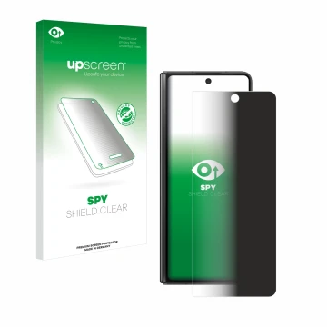 Face avant d’un emballage produit avec le logo de la marque upscreen. À côté, l’appareil Samsung Galaxy Z Fold 5 est représent