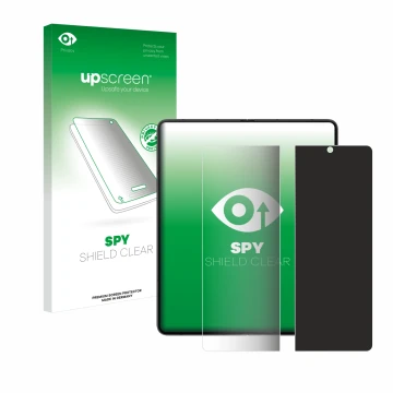 Face avant d’un emballage produit avec le logo de la marque upscreen. À côté, l’appareil Samsung Galaxy Z Fold 5 (Affichage in