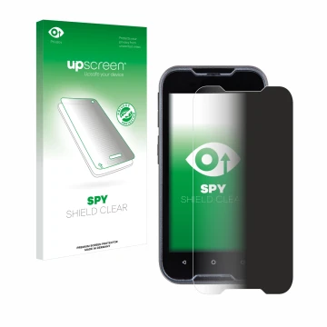 Face avant d’un emballage produit avec le logo de la marque upscreen. À côté, l’appareil Datalogic Memor 11 est représenté ave