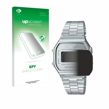 Face avant d’un emballage produit avec le logo de la marque upscreen. À côté, l’appareil Casio A168WEM-7EF est représenté avec