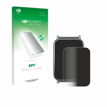 Face avant d’un emballage produit avec le logo de la marque upscreen. À côté, l’appareil Xiaomi Mi Band 8 Pro est représenté a