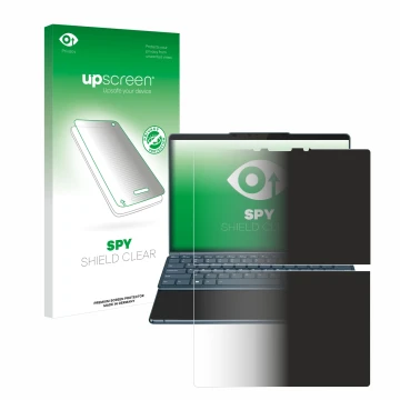 Face avant d’un emballage produit avec le logo de la marque upscreen. À côté, l’appareil Lenovo Yoga Book 9i Gen 8 est représe