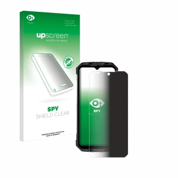 Face avant d’un emballage produit avec le logo de la marque upscreen. À côté, l’appareil Doogee S110 est représenté avec la pr