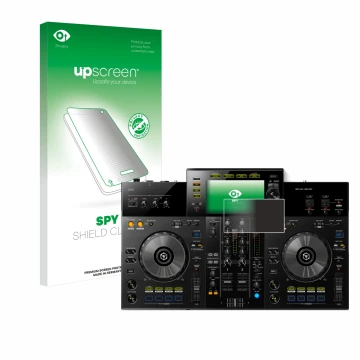 Face avant d’un emballage produit avec le logo de la marque upscreen. À côté, l’appareil Pioneer XDJ -RR est représenté avec l
