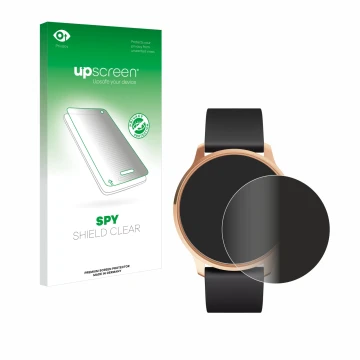 Face avant d’un emballage produit avec le logo de la marque upscreen. À côté, l’appareil Withings ScanWatch Light est représen