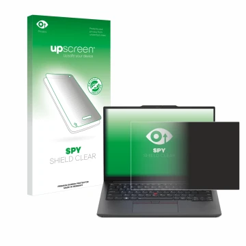 Face avant d’un emballage produit avec le logo de la marque upscreen. À côté, l’appareil Lenovo ThinkPad E14 Gen 5 est représe