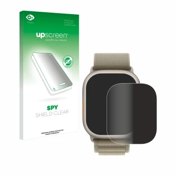Face avant d’un emballage produit avec le logo de la marque upscreen. À côté, l’appareil Apple Watch Ultra 2 (49 mm) est repré