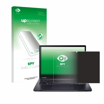Face avant d’un emballage produit avec le logo de la marque upscreen. À côté, l’appareil Acer TravelMate Spin P4 14