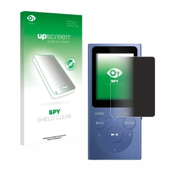 Face avant d’un emballage produit avec le logo de la marque upscreen. À côté, l’appareil Sony Walkman NW-E394 est représenté a