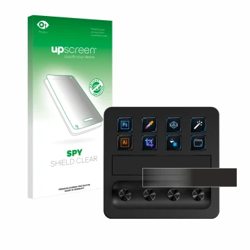 Face avant d’un emballage produit avec le logo de la marque upscreen. À côté, l’appareil Elgato Stream Deck + est représenté a