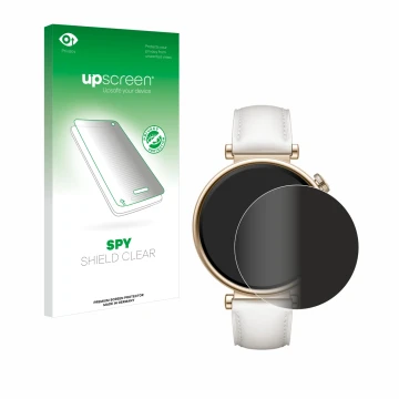 Face avant d’un emballage produit avec le logo de la marque upscreen. À côté, l’appareil Huawei Watch GT 4 (41mm) est représen