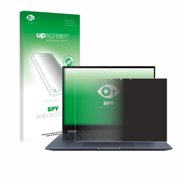 Face avant d’un emballage produit avec le logo de la marque upscreen. À côté, l’appareil ASUS Vivobook S 14 Flip TP3402 est re