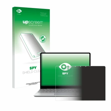 Face avant d’un emballage produit avec le logo de la marque upscreen. À côté, l’appareil Microsoft Surface Laptop Go 3 Busines