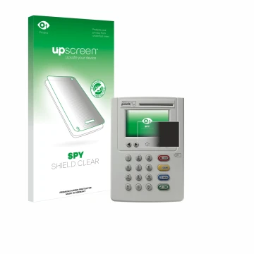 Face avant d’un emballage produit avec le logo de la marque upscreen. À côté, l’appareil ingenico eHealth ORGA Neo 6141 est re