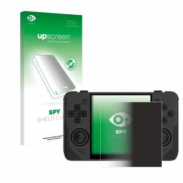 Face avant d’un emballage produit avec le logo de la marque upscreen. À côté, l’appareil Powkiddy RGB30 est représenté avec la