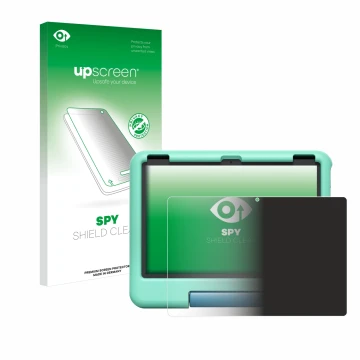 Face avant d’un emballage produit avec le logo de la marque upscreen. À côté, l’appareil Amazon Fire HD 10 Kids 2023 est repré