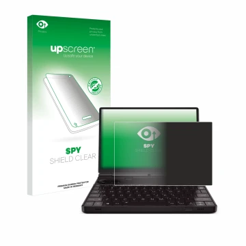 Face avant d’un emballage produit avec le logo de la marque upscreen. À côté, l’appareil GPD Win Max 2 2023 est représenté ave